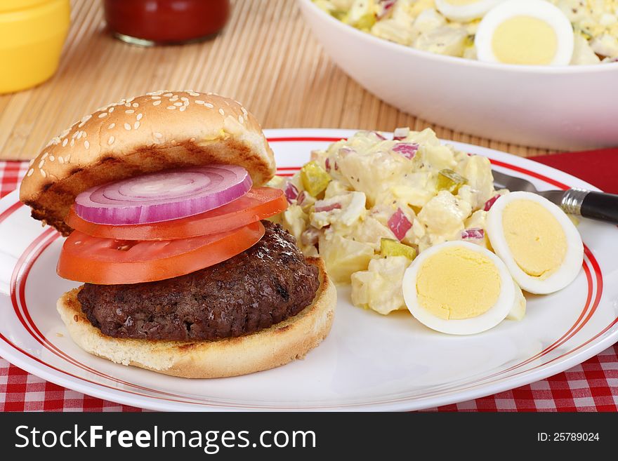 Hamburger with tomato and onion and potato salad. Hamburger with tomato and onion and potato salad