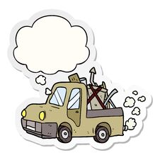 Cartoon Old Truck And Thought Bubble As A Printed Sticker Stock Photo Cartoon Old Truck And Thought Bubble As A Printed Sticker Stock Photo