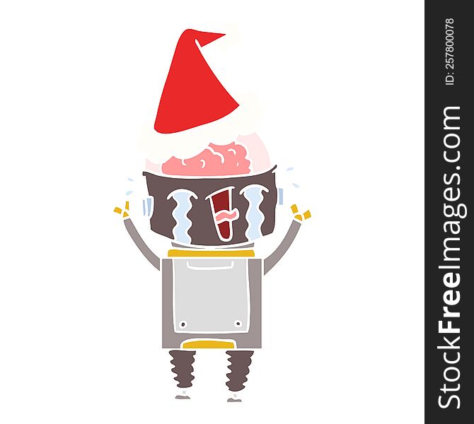 Flat Color Illustration Of A Crying Robot Wearing Santa Hat