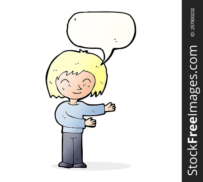 Cartoon Woman Gestureing Welcome With Speech Bubble