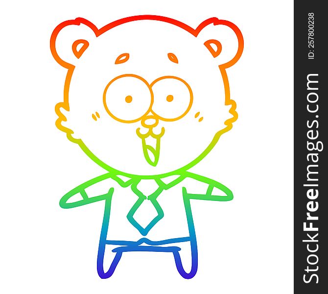 rainbow gradient line drawing of a laughing teddy  bear cartoon in shirt and tie
