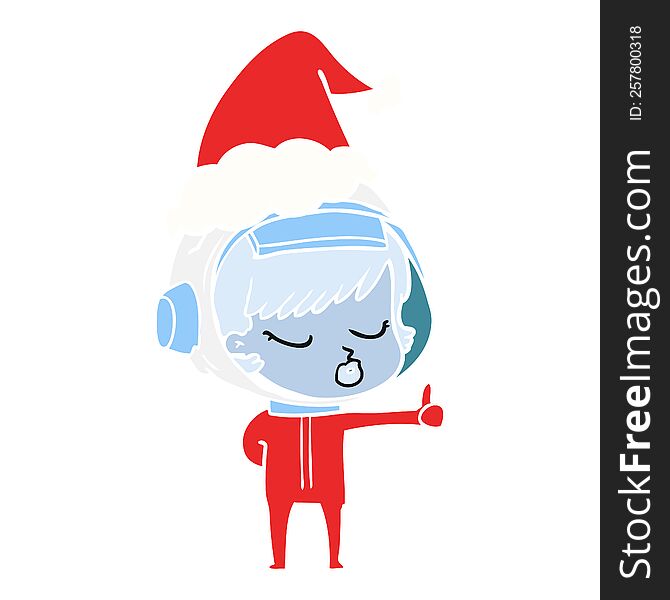 hand drawn flat color illustration of a pretty astronaut girl giving thumbs up wearing santa hat