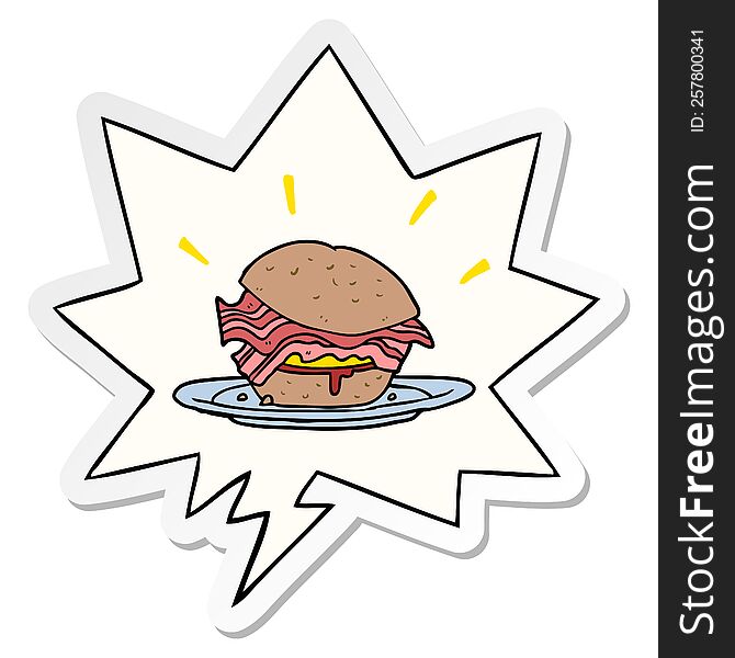 cartoon amazingly tasty bacon breakfast sandwich and cheese and speech bubble sticker