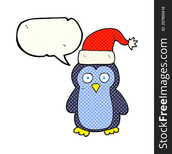 freehand drawn comic book speech bubble cartoon christmas penguin