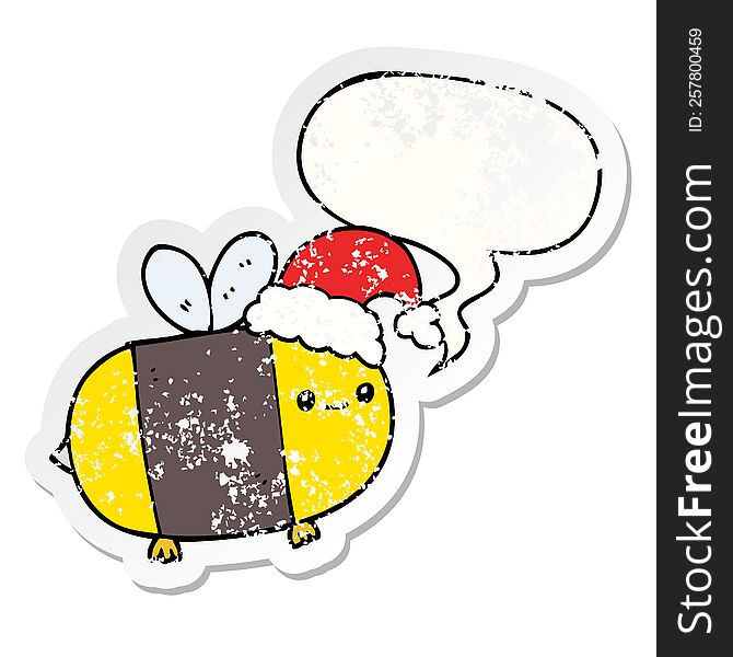 cartoon christmas bee with speech bubble distressed distressed old sticker. cartoon christmas bee with speech bubble distressed distressed old sticker