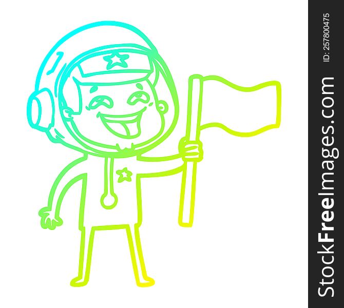cold gradient line drawing of a cartoon laughing astronaut waving flag