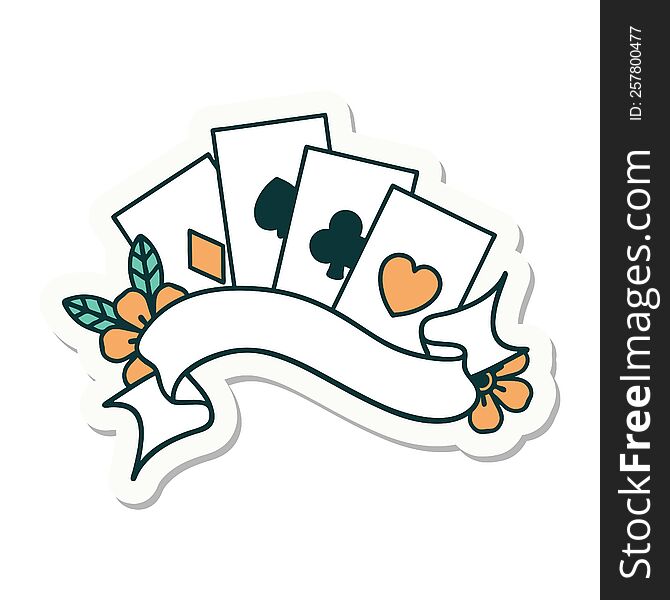 Tattoo Style Sticker Of Cards And Banner With Flowers