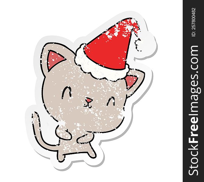 hand drawn christmas distressed sticker cartoon of kawaii cat