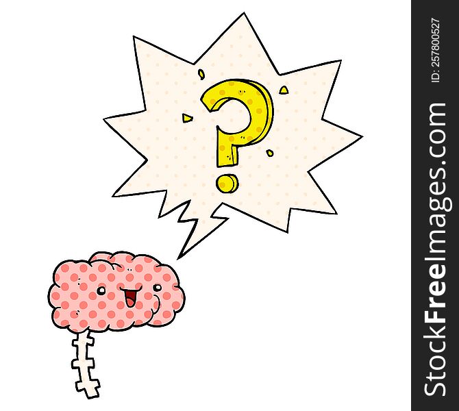 cartoon curious brain with speech bubble in comic book style