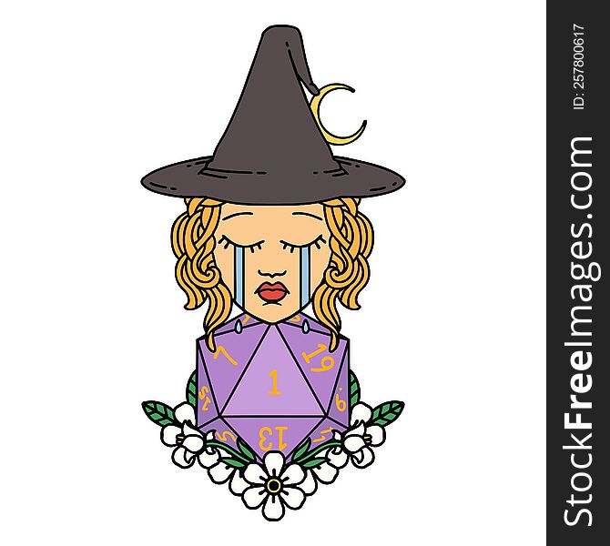 Retro Tattoo Style crying human witch with natural one D20 dice roll. Retro Tattoo Style crying human witch with natural one D20 dice roll