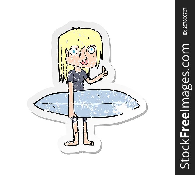 retro distressed sticker of a cartoon surfer girl