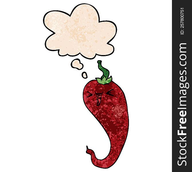 cartoon hot chili pepper with thought bubble in grunge texture style. cartoon hot chili pepper with thought bubble in grunge texture style