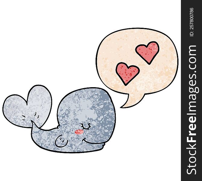 cartoon whale in love with speech bubble in retro texture style