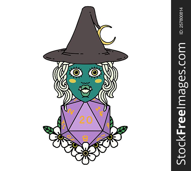 Retro Tattoo Style half orc witch with natural twenty dice roll. Retro Tattoo Style half orc witch with natural twenty dice roll