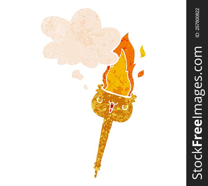 Cartoon Flaming Torch And Thought Bubble In Retro Textured Style