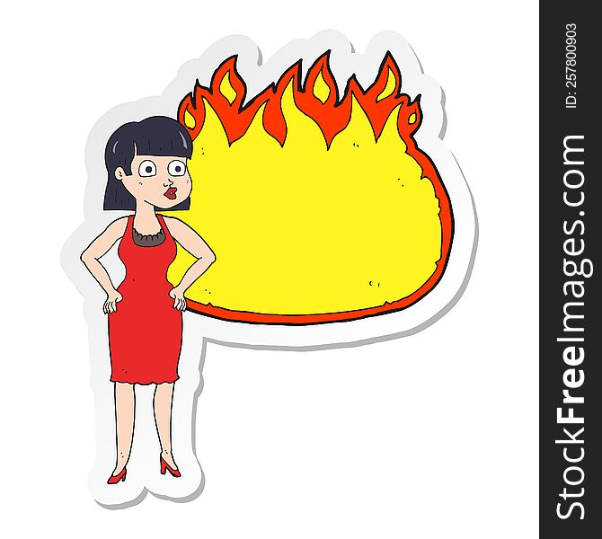 Sticker Of A Cartoon Woman In Dress With Hands On Hips And Flame Banner