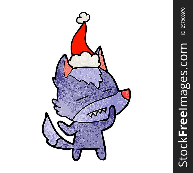 Textured Cartoon Of A Wolf Showing Teeth Wearing Santa Hat