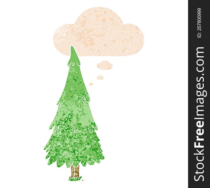 cartoon christmas tree and thought bubble in retro textured style