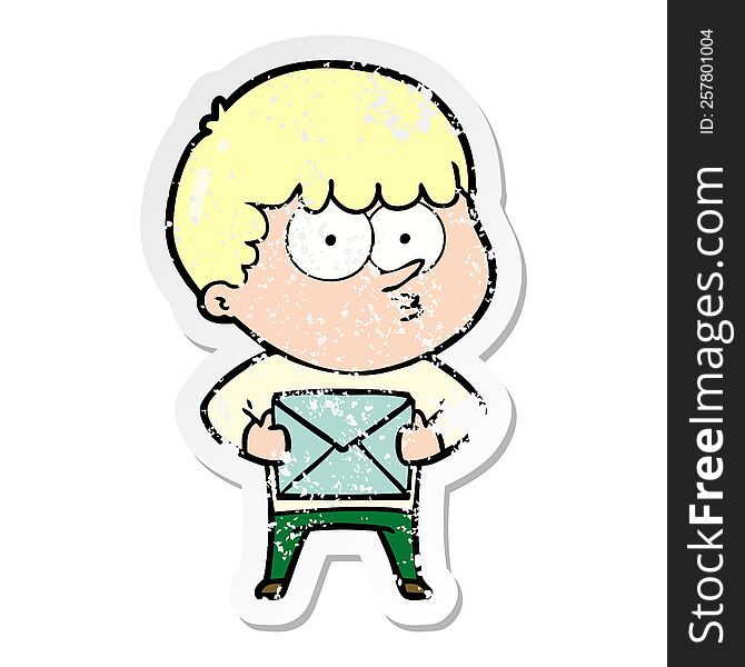 Distressed Sticker Of A Cartoon Curious Boy Carrying A Gift