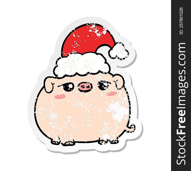 Distressed Sticker Of A Cartoon Pig Wearing Christmas Hat