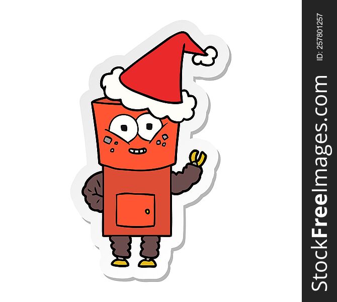 happy hand drawn sticker cartoon of a robot waving hello wearing santa hat. happy hand drawn sticker cartoon of a robot waving hello wearing santa hat