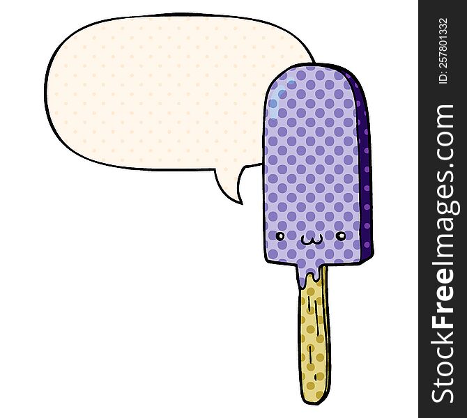 cartoon ice lolly with speech bubble in comic book style