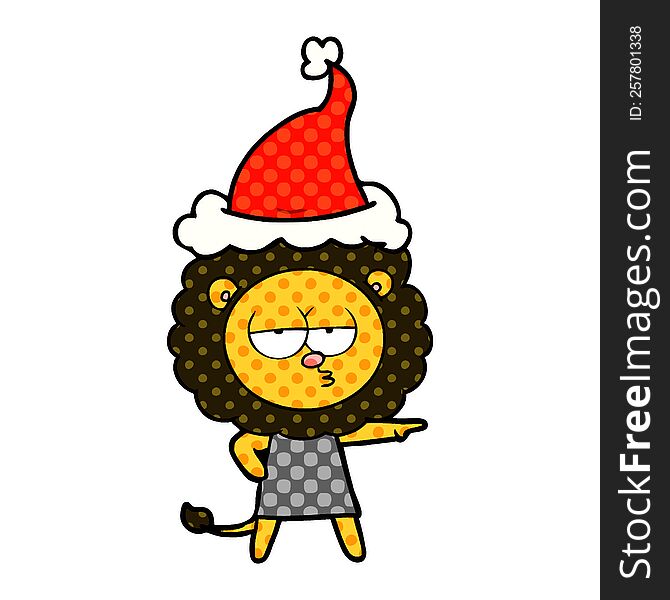 Comic Book Style Illustration Of A Bored Lion Wearing Santa Hat