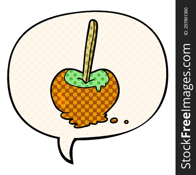 cartoon toffee apple with speech bubble in comic book style