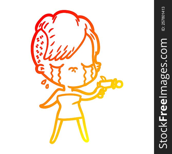 warm gradient line drawing of a cartoon crying girl pointing ray gun