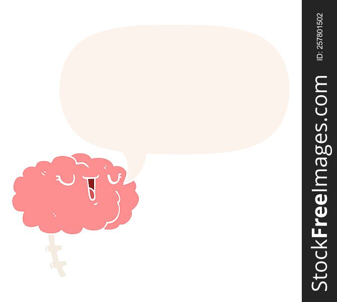 happy cartoon brain with speech bubble in retro style