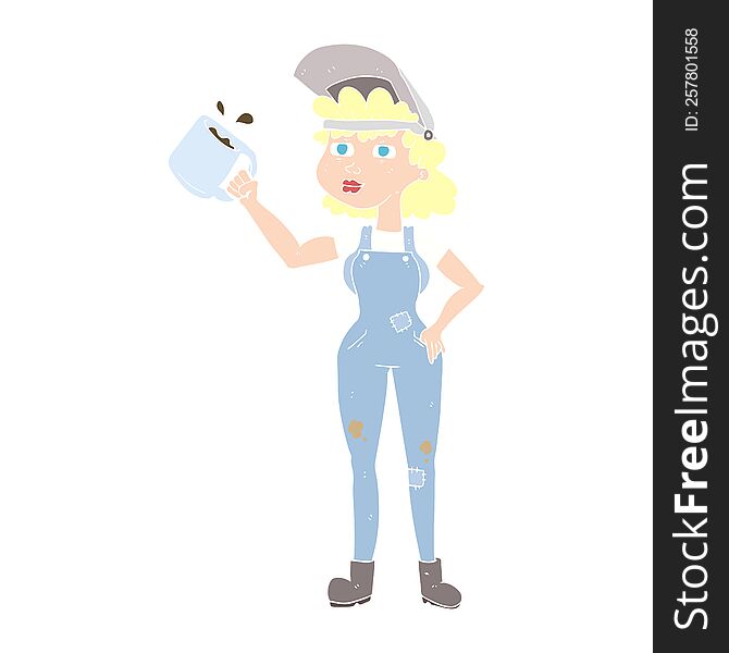 Flat Color Illustration Of A Cartoon Woman In Dungarees