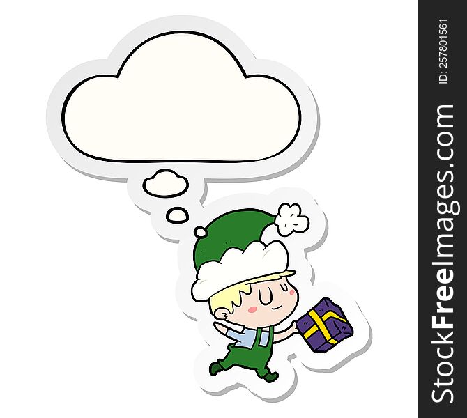 cartoon happy christmas elf with thought bubble as a printed sticker