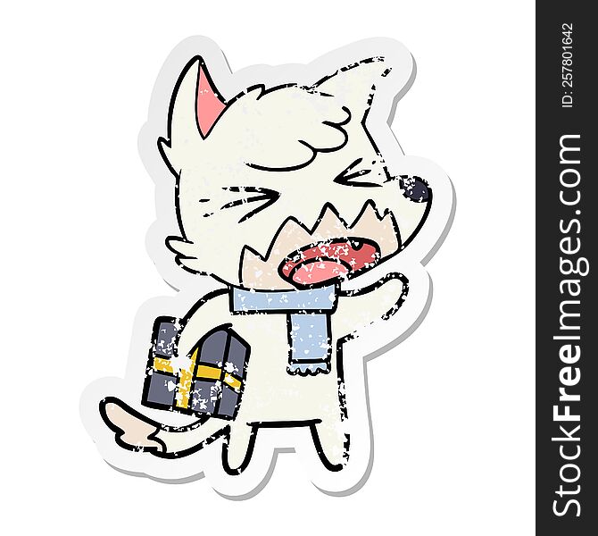distressed sticker of a angry cartoon fox with gift