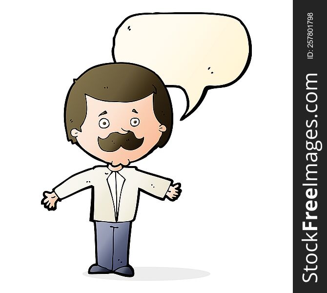 cartoon mustache man with open arms with speech bubble