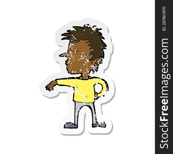 retro distressed sticker of a cartoon man making camp gesture