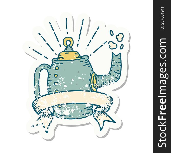 grunge sticker of tattoo style old coffee pot steaming