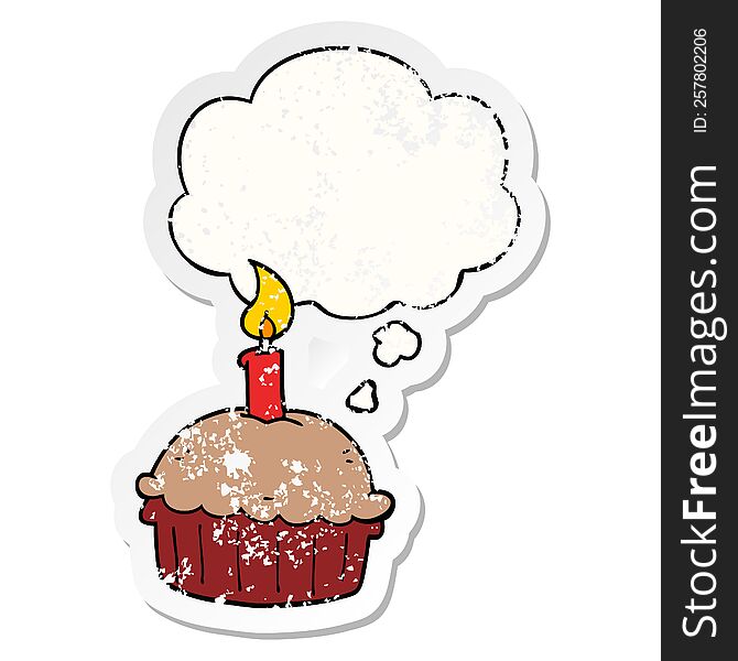 Cartoon Birthday Cupcake And Thought Bubble As A Distressed Worn Sticker