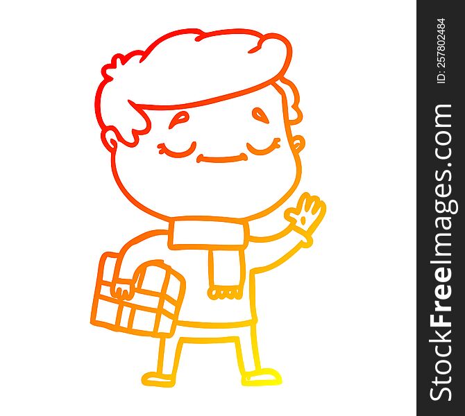 warm gradient line drawing of a cartoon man carrying christmas present waving