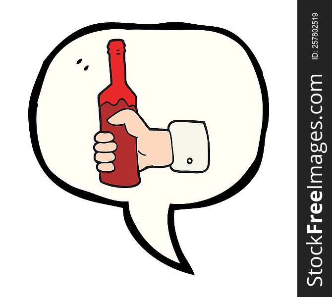 freehand drawn speech bubble cartoon hand holding bottle of wine