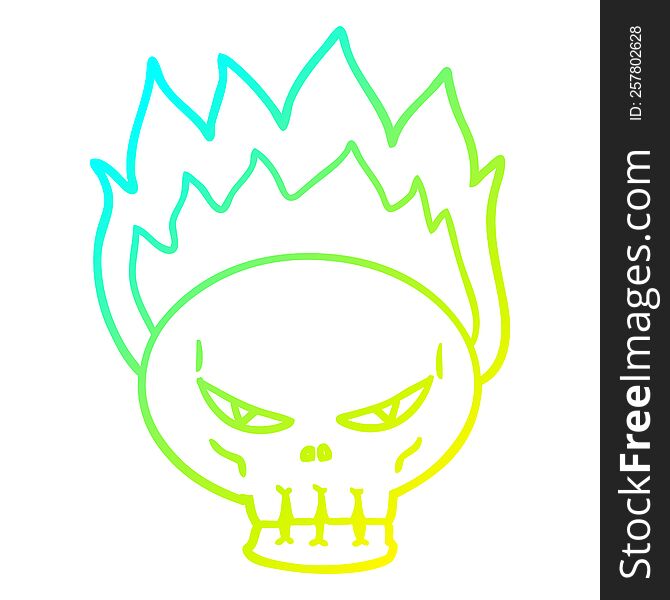 Cold Gradient Line Drawing Cartoon Flaming Skull