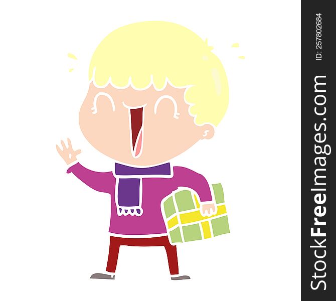 Laughing Flat Color Style Cartoon Man With Present