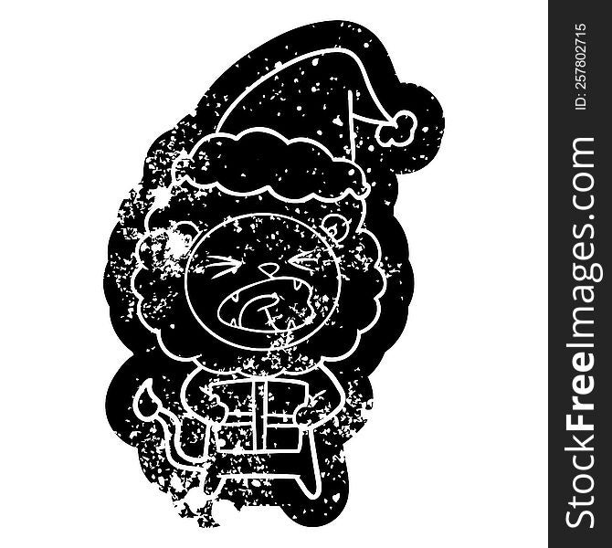 Cartoon Distressed Icon Of A Lion With Christmas Present Wearing Santa Hat