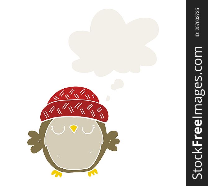 Cute Cartoon Owl In Hat And Thought Bubble In Retro Style