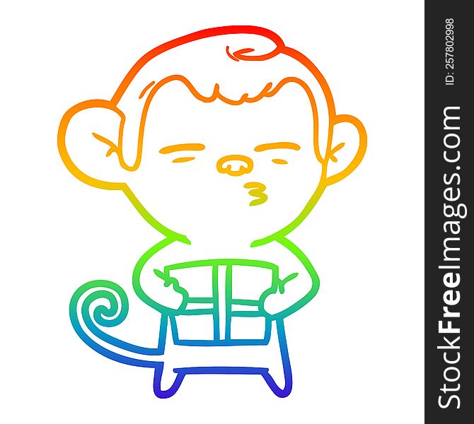 Rainbow Gradient Line Drawing Cartoon Suspicious Monkey With Present