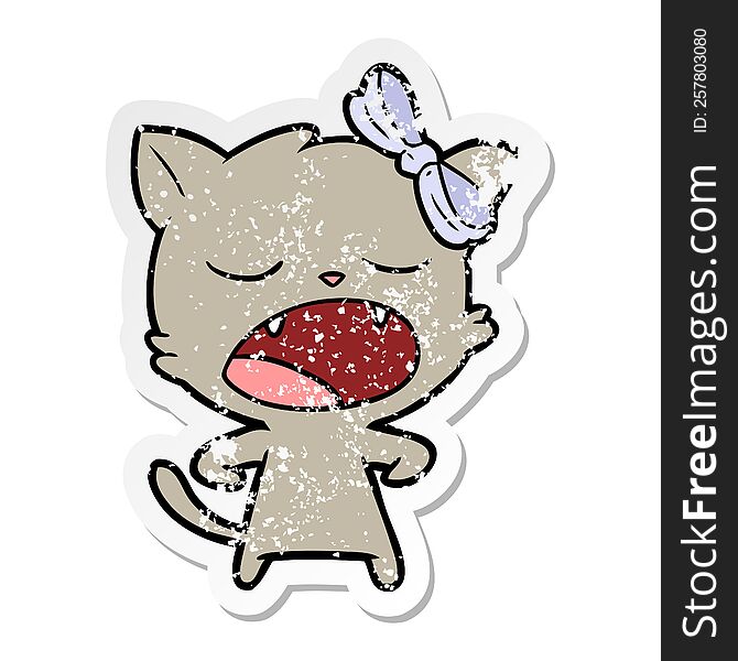 distressed sticker of a cartoon yawning cat