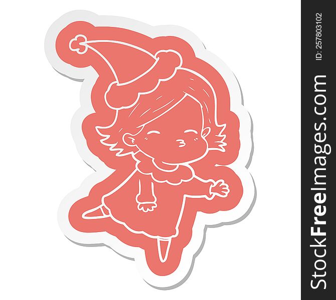 Cartoon  Sticker Of A Woman Wearing Santa Hat