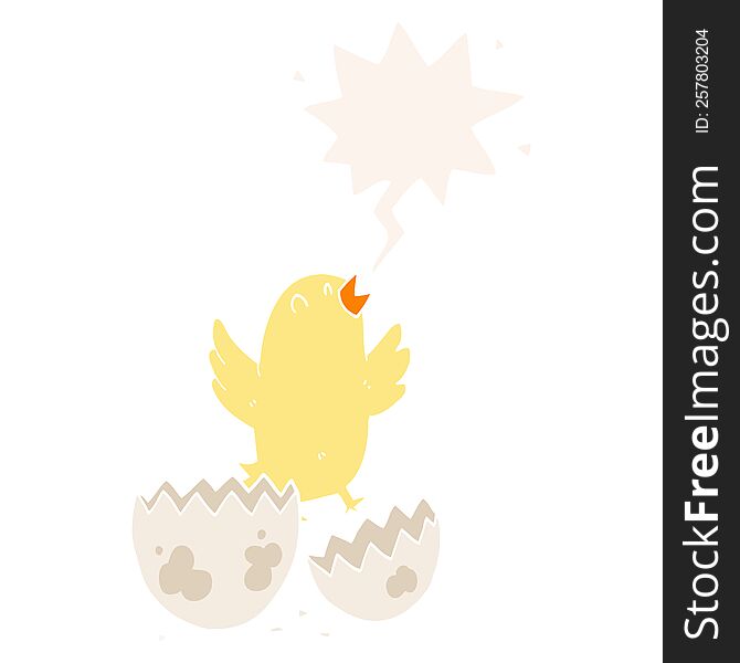 cartoon bird hatching from egg with speech bubble in retro style