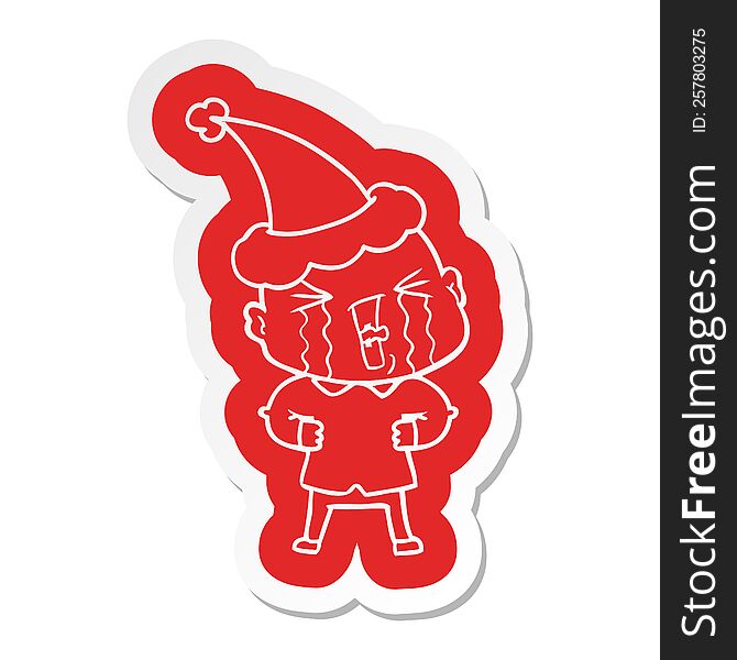 Cartoon  Sticker Of A Crying Bald Man Wearing Santa Hat