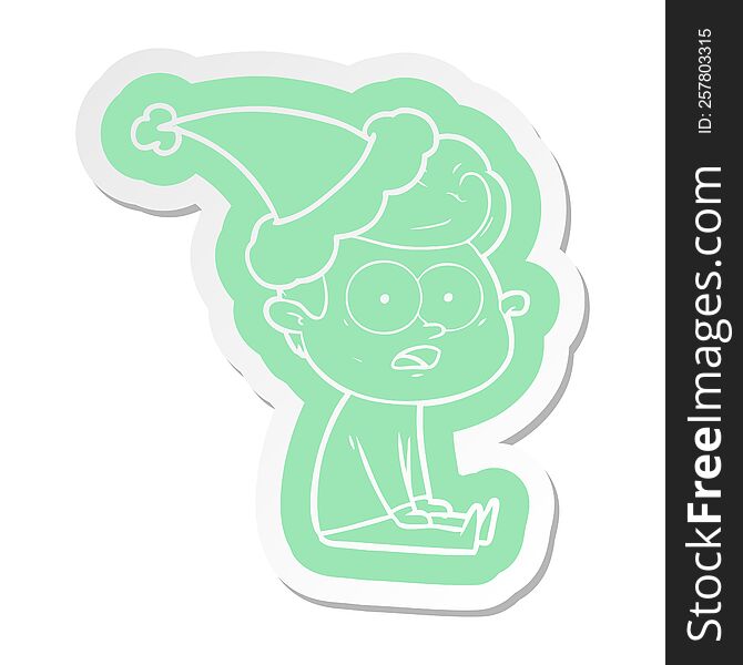 Cartoon  Sticker Of A Staring Man Wearing Santa Hat