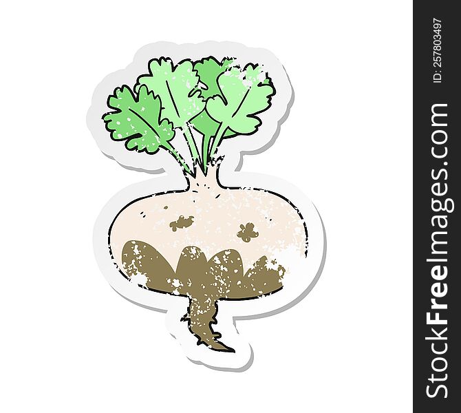 retro distressed sticker of a cartoon muddy turnip